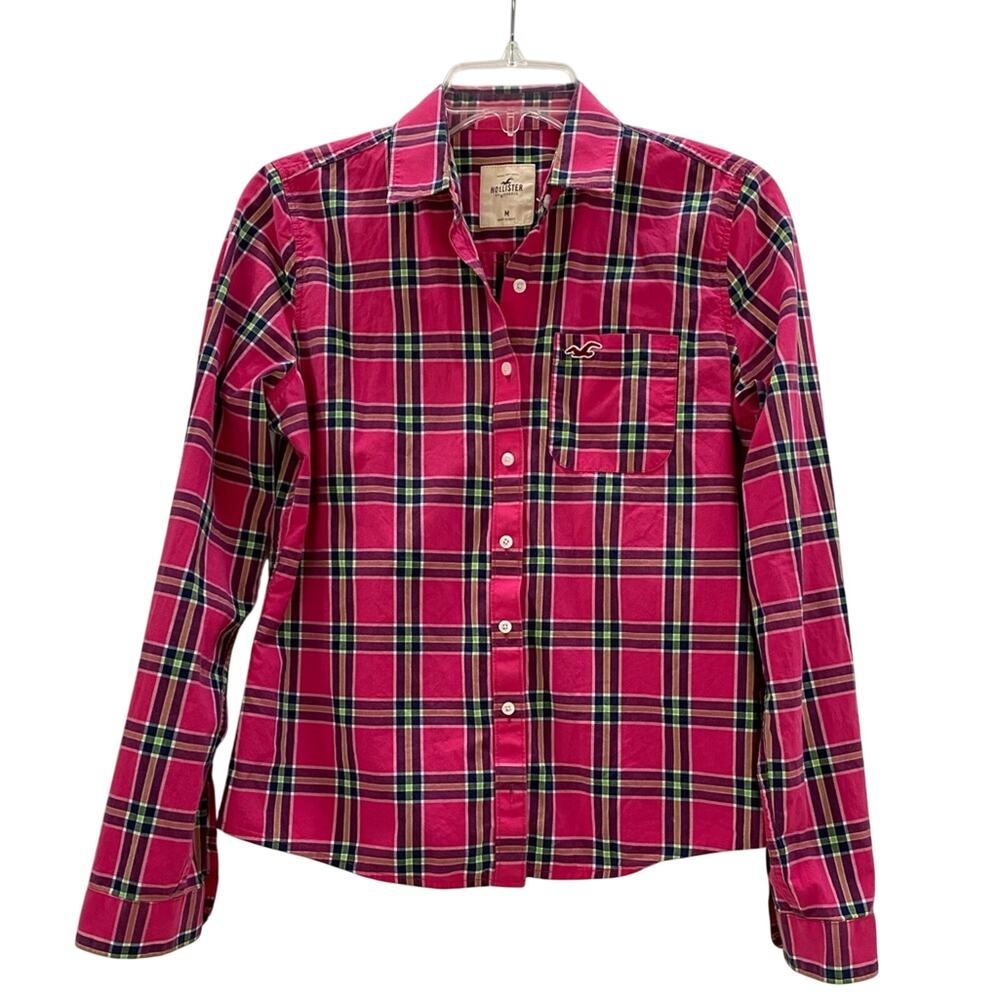 Hollister blouse M bright pink plaid 100% cotton classic basic country cowgirl